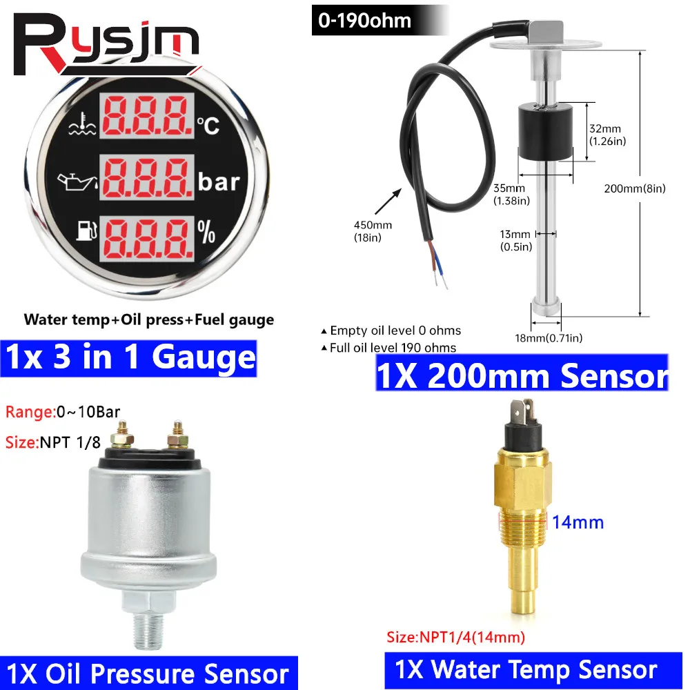 52mm Digital 3 In 1 Multi Function Gauge With Sensors Kit Fuel Gauge 40-120℃ Water Temp Oil Pressure With Alarm 9-32V For Cars
52mm Digital 3 In 1 Multi Function Gauge With Sensors Kit Fuel Gauge 40-120℃ Water Temp Oil Pressure With Alarm 9-32V For Cars