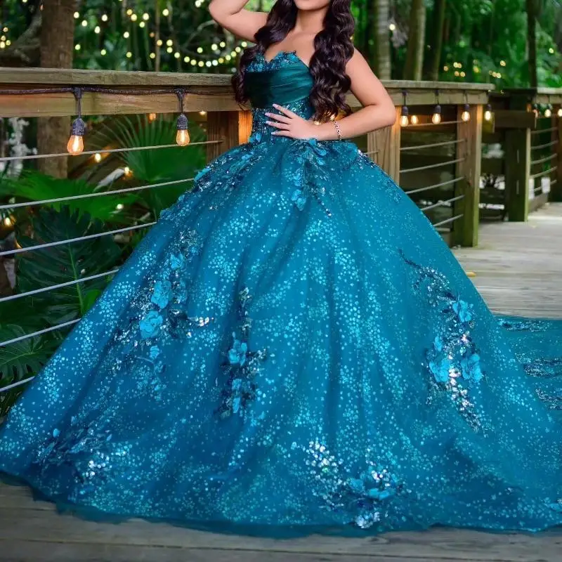 Sea Blue Shiny Princess Quinceanera Dresses Sweet 16 Dress Off The Shoulder Applique Flower Beads Tull Birthday Party Gown Vesti
Sea Blue Shiny Princess Quinceanera Dresses Sweet 16 Dress Off The Shoulder Applique Flower Beads Tull Birthday Party Gown Vesti