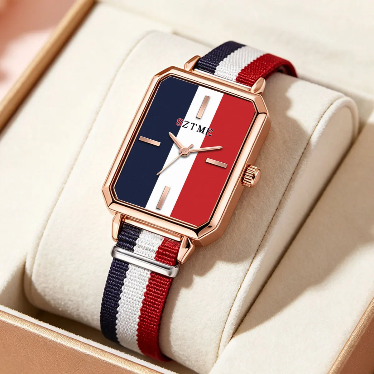 SZTME Fashion Ladies Watch Nylon Strap Versatile Rectangle Simple Quartz Wristwatch Casual Rose Gold Dial
SZTME Fashion Ladies Watch Nylon Strap Versatile Rectangle Simple Quartz Wristwatch Casual Rose Gold Dial