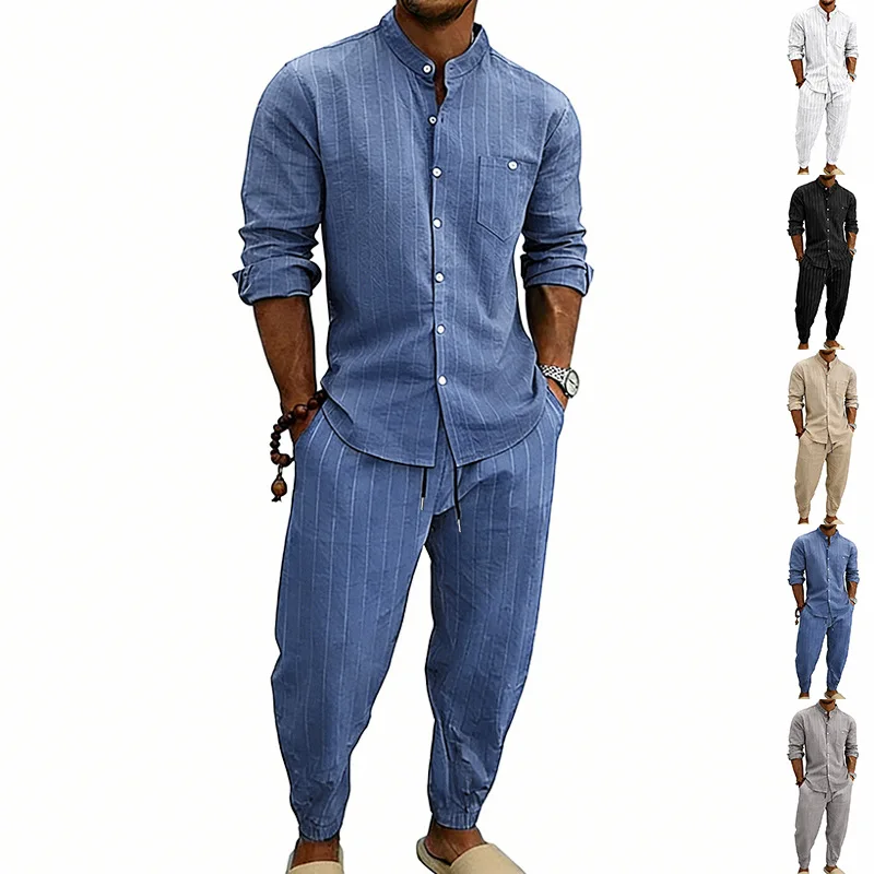 Linen set casual spring/summer men's loose jacquard striped stand up collar long sleeved shirt long pants two-piece set
Linen set casual spring/summer men's loose jacquard striped stand up collar long sleeved shirt long pants two-piece set