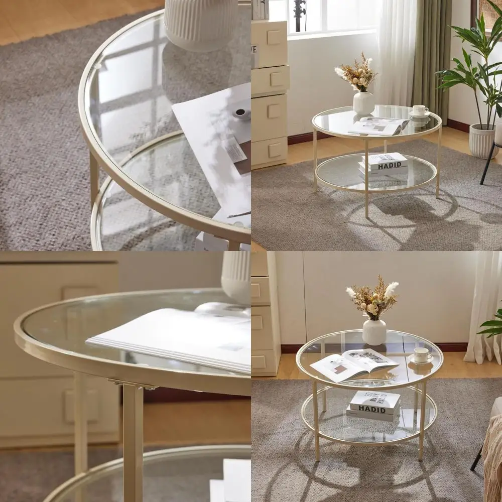 Round Glass Coffee Table, 30 Diameter, 2-Tier Storage, Beige Center Table for Living Room
Round Glass Coffee Table, 30 Diameter, 2-Tier Storage, Beige Center Table for Living Room