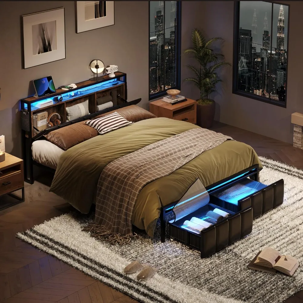 Full Size Bed Frame, Hidden Storage Headboard, 2 Dustproof Drawers, 2 Tier Shelves with Charging Station, LED Lights, Bed Frame
Full Size Bed Frame, Hidden Storage Headboard, 2 Dustproof Drawers, 2 Tier Shelves with Charging Station, LED Lights, Bed Frame