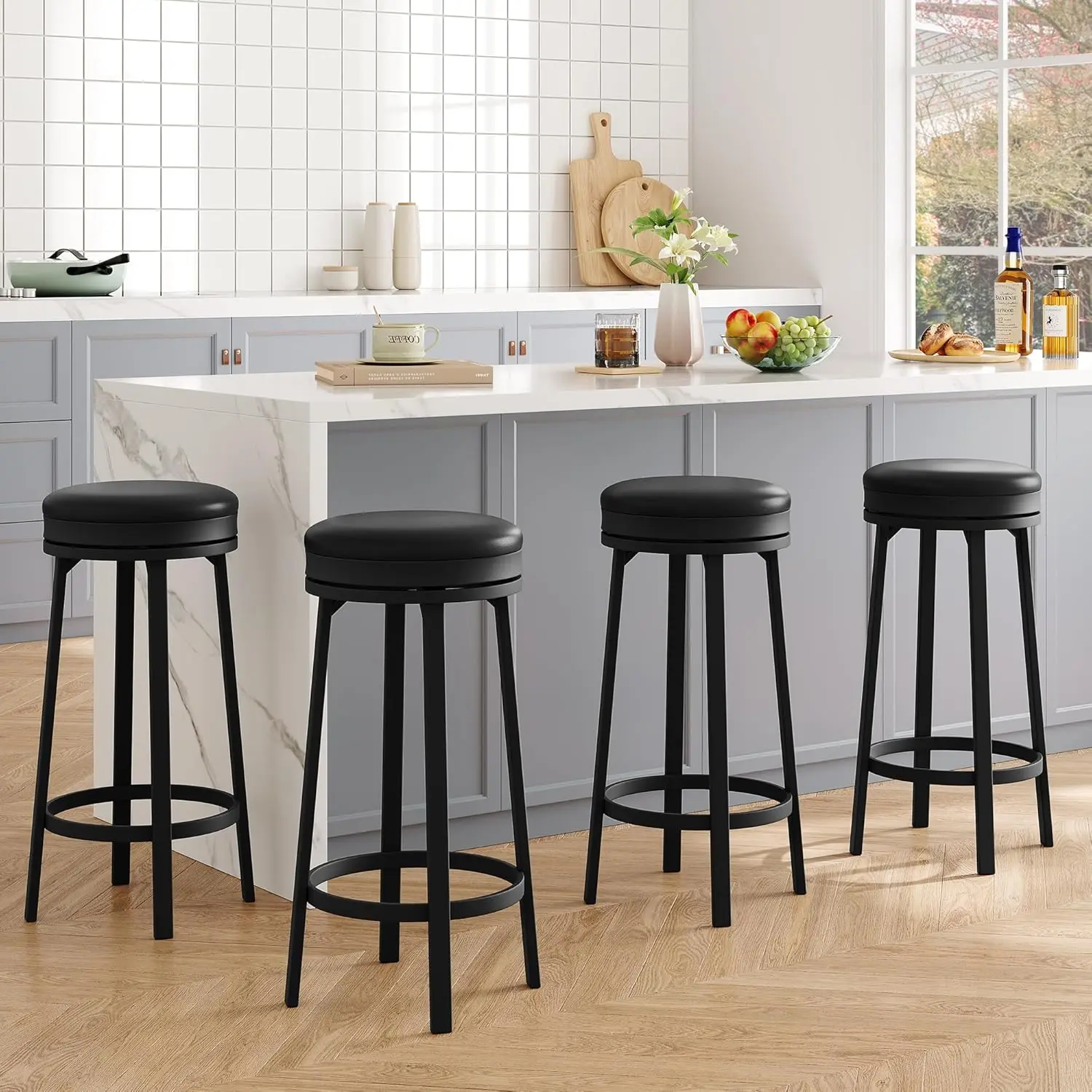 Swivel Bar Stools Set of 4 with Footrest, Modern Counter Height PU Leather and Metal Frame, Backless Round Stools for Kitchen
Swivel Bar Stools Set of 4 with Footrest, Modern Counter Height PU Leather and Metal Frame, Backless Round Stools for Kitchen