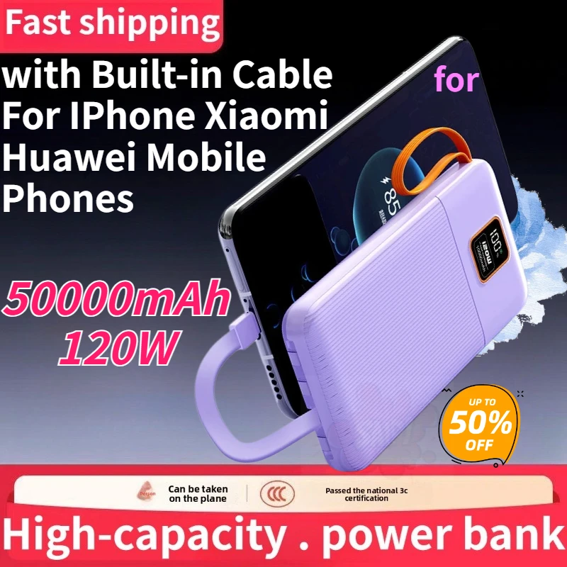 High Quality 120W 50000mAh 30000mAh 10000mAh Power Bank with Built-in Cable for IPhone Xiaomi and Huawei Mobile Phones Powerbank
High Quality 120W 50000mAh 30000mAh 10000mAh Power Bank with Built-in Cable for IPhone Xiaomi and Huawei Mobile Phones Powerbank
