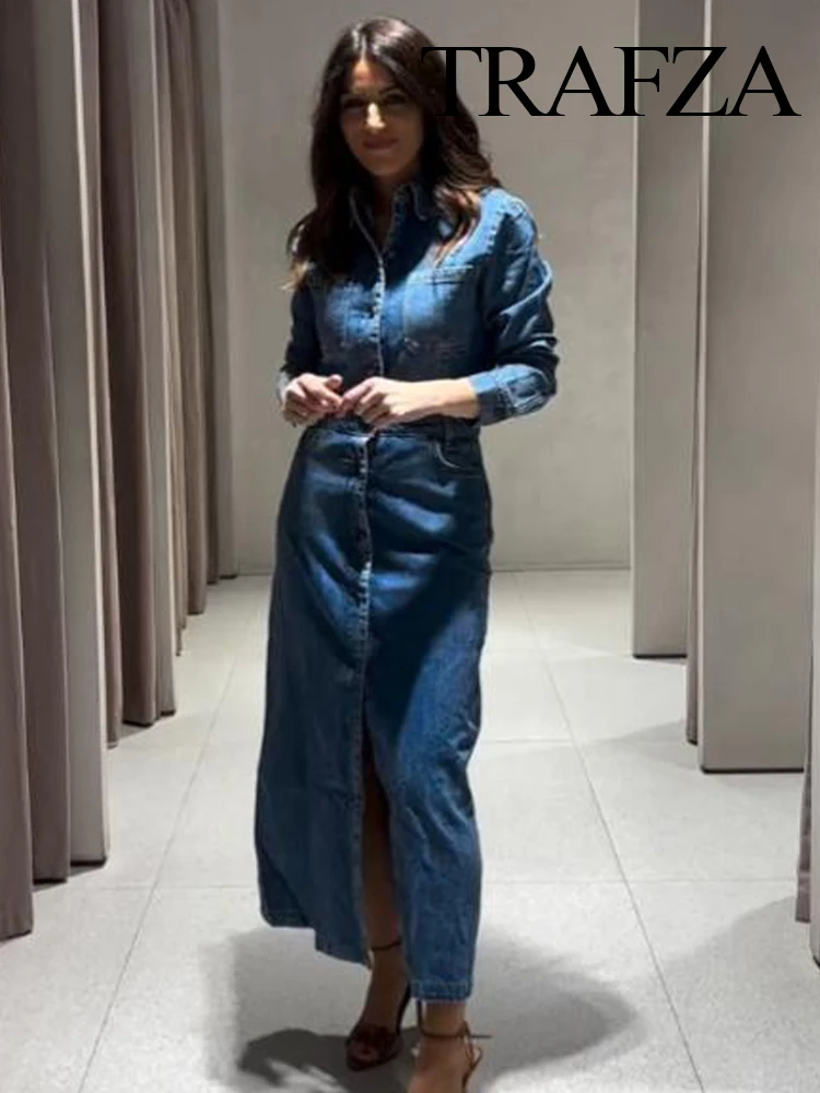 TRAFZA Women Spring Long Dress Blue Turn-Down Collar Pockets Single-Breasted Women Fashion High Street Long Sleeves Dresses
TRAFZA Women Spring Long Dress Blue Turn-Down Collar Pockets Single-Breasted Women Fashion High Street Long Sleeves Dresses
