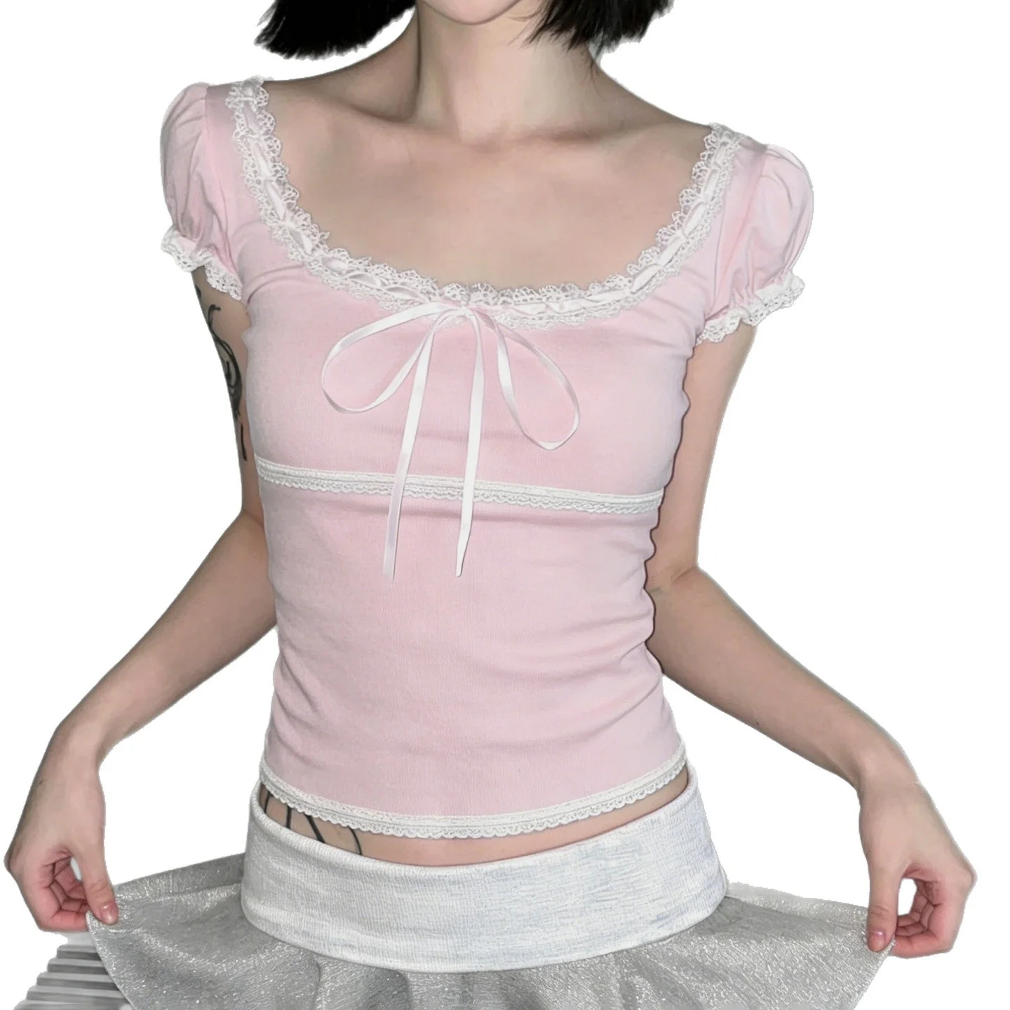 Cute Style Bubble Sleeve Slim Fit T-Shirt with Knot Design Color Block Lace Trim Short Top for Women Summer Knitted Fabric
Cute Style Bubble Sleeve Slim Fit T-Shirt with Knot Design Color Block Lace Trim Short Top for Women Summer Knitted Fabric