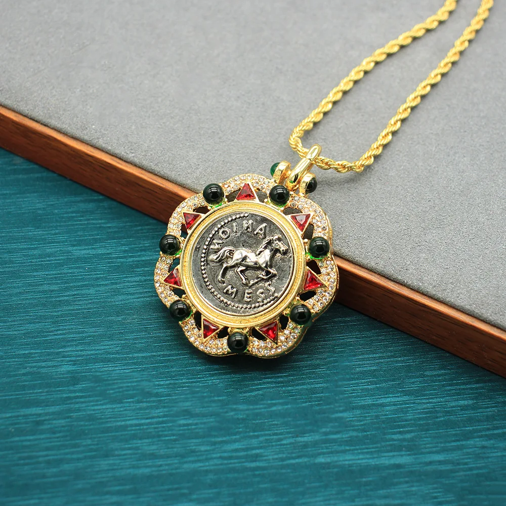 Relief Ancient Coin Galloping Horse Pendant Necklace Synthetic Gems Vacation Style Rabbit Necklace Jewelry Birthday for Women
Relief Ancient Coin Galloping Horse Pendant Necklace Synthetic Gems Vacation Style Rabbit Necklace Jewelry Birthday for Women