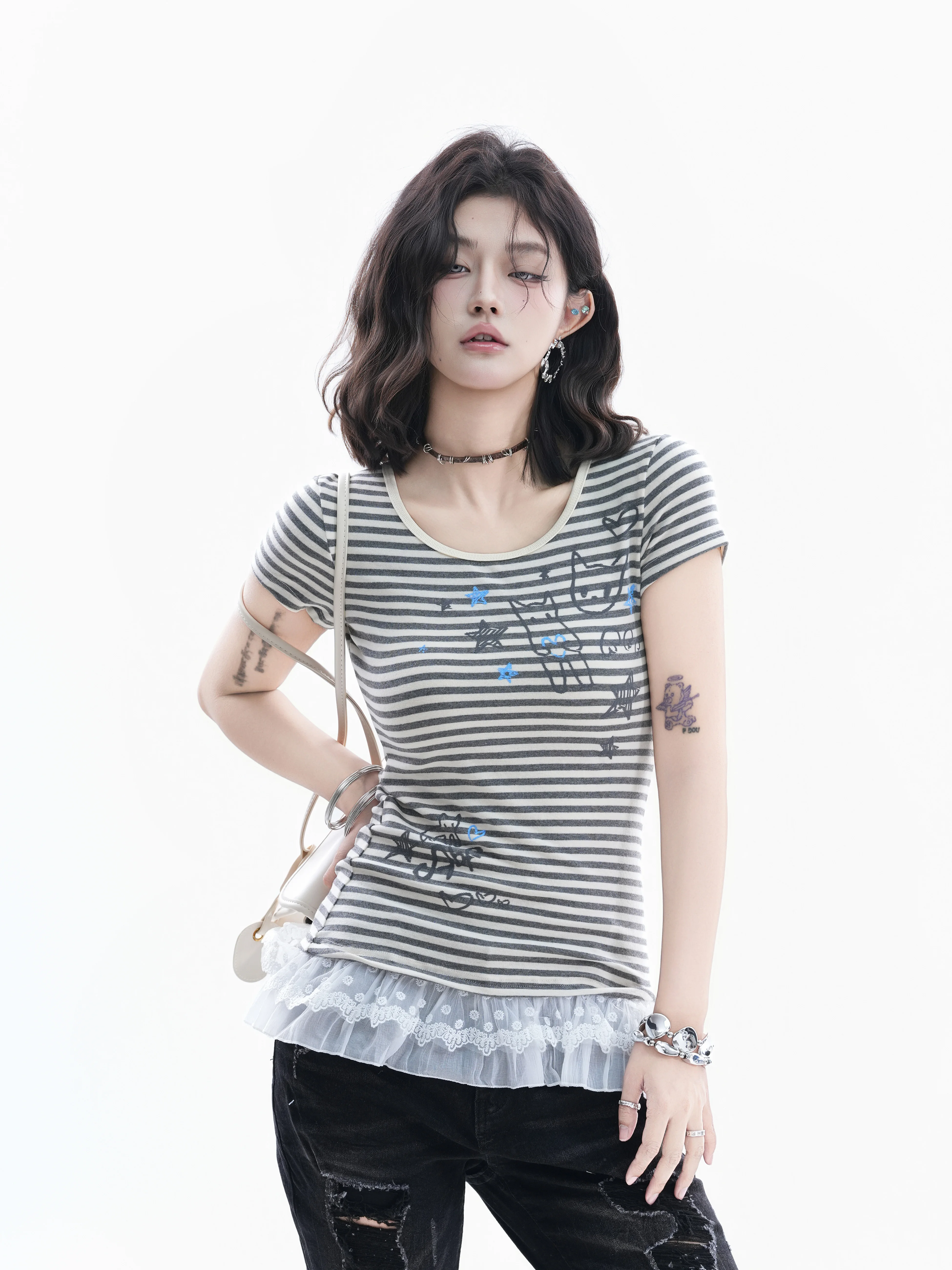 Slim Fit Short Sleeve T-Shirt Women's Sweet Cool Lace Hem American Stripe Cartoon Print Casual Style Cotton Polyester Blend
Slim Fit Short Sleeve T-Shirt Women's Sweet Cool Lace Hem American Stripe Cartoon Print Casual Style Cotton Polyester Blend