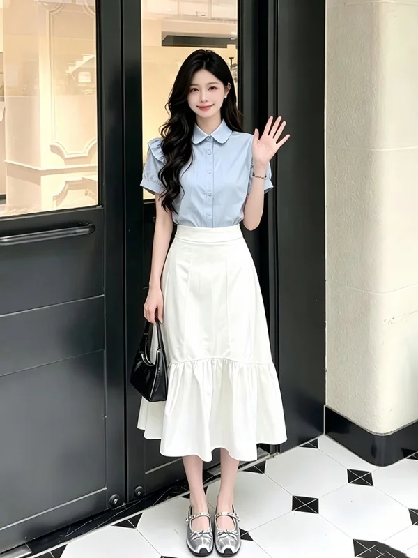 Sweet Two-Piece Set Women's Summer 2026 Design Sense Lace Trim Shirt Fish Tail Skirt Polyester Fiber High Waist Midi Skirt
Sweet Two-Piece Set Women's Summer 2026 Design Sense Lace Trim Shirt Fish Tail Skirt Polyester Fiber High Waist Midi Skirt
