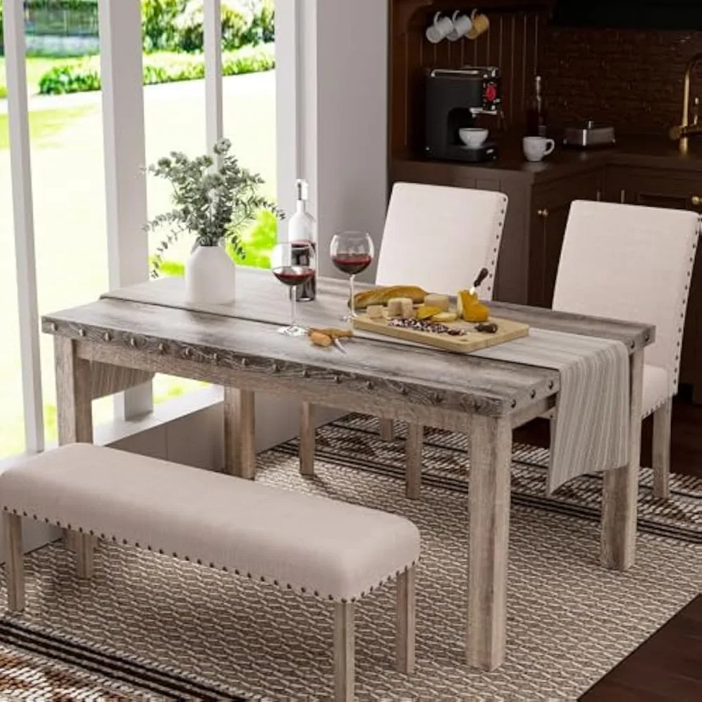 Farmhouse Dining Table Set for 4, Rustic Wooden Kitchen Table with Upholstered Bench&2 Chairs, Country Style Dining
Farmhouse Dining Table Set for 4, Rustic Wooden Kitchen Table with Upholstered Bench&2 Chairs, Country Style Dining