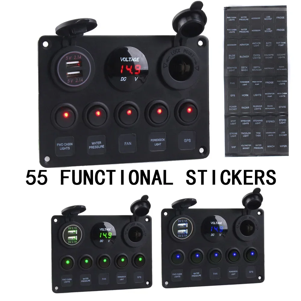 Boat Switch Panel Car Switch Panel Waterproof Digital Voltmeter Dual USB Port 12V Outlet Combination Marine LED Rocker 5 Gang
Boat Switch Panel Car Switch Panel Waterproof Digital Voltmeter Dual USB Port 12V Outlet Combination Marine LED Rocker 5 Gang