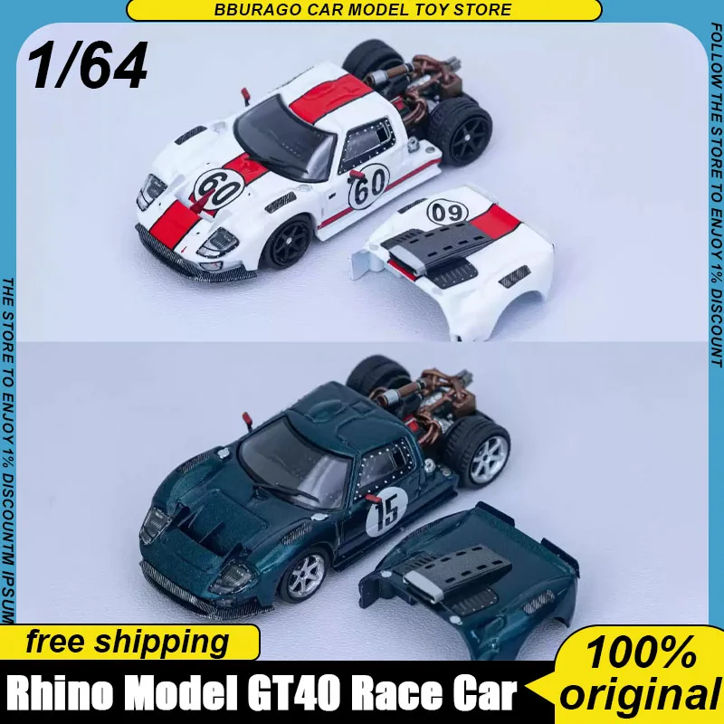 Rhino Model 1:64 Diecast Gt40 Style Race Car Replica With Openable Engine Cover And Interchangeable Rear Body For Collectors Toy