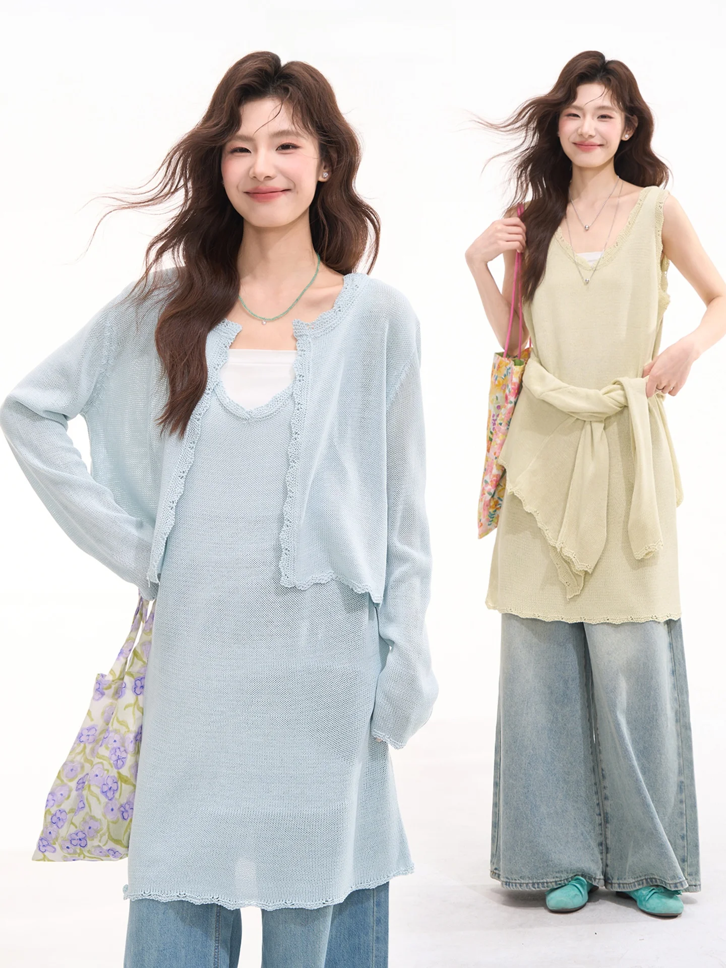 Korean Style Knitted Halter Dress Two-Piece Set Women's Spring Summer Loose Fit Casual Long Sleeve Mid-Length Cardigan
Korean Style Knitted Halter Dress Two-Piece Set Women's Spring Summer Loose Fit Casual Long Sleeve Mid-Length Cardigan