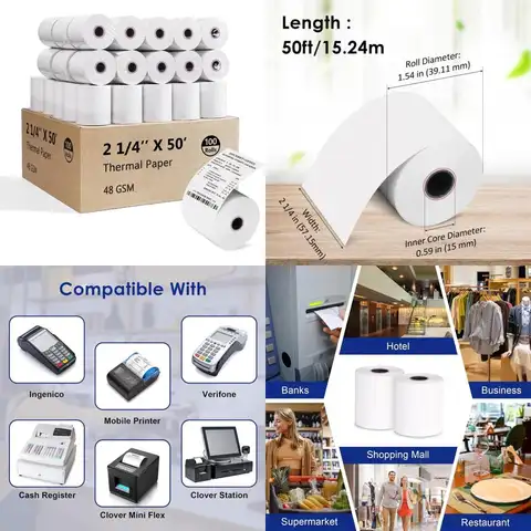 100 rolls 2-1/4" x 50ft thermal receipt paper 48 gsm bpa-free for honeycomb core printers