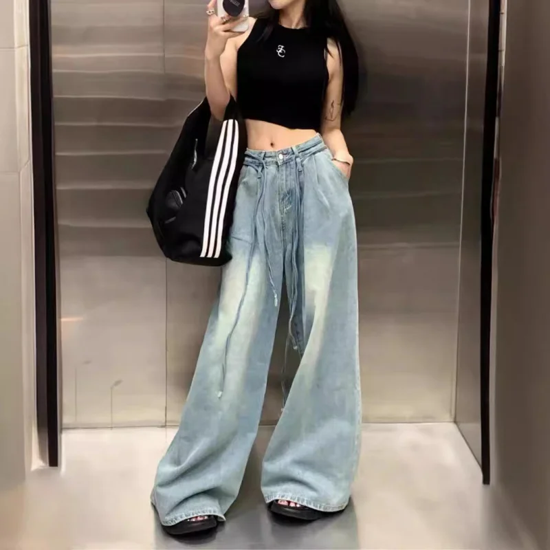 Summer New Style Draped Thin Material Skin-friendly Breathable American Style Waist Rope Loose Wide-leg Jeans for Women
Summer New Style Draped Thin Material Skin-friendly Breathable American Style Waist Rope Loose Wide-leg Jeans for Women
