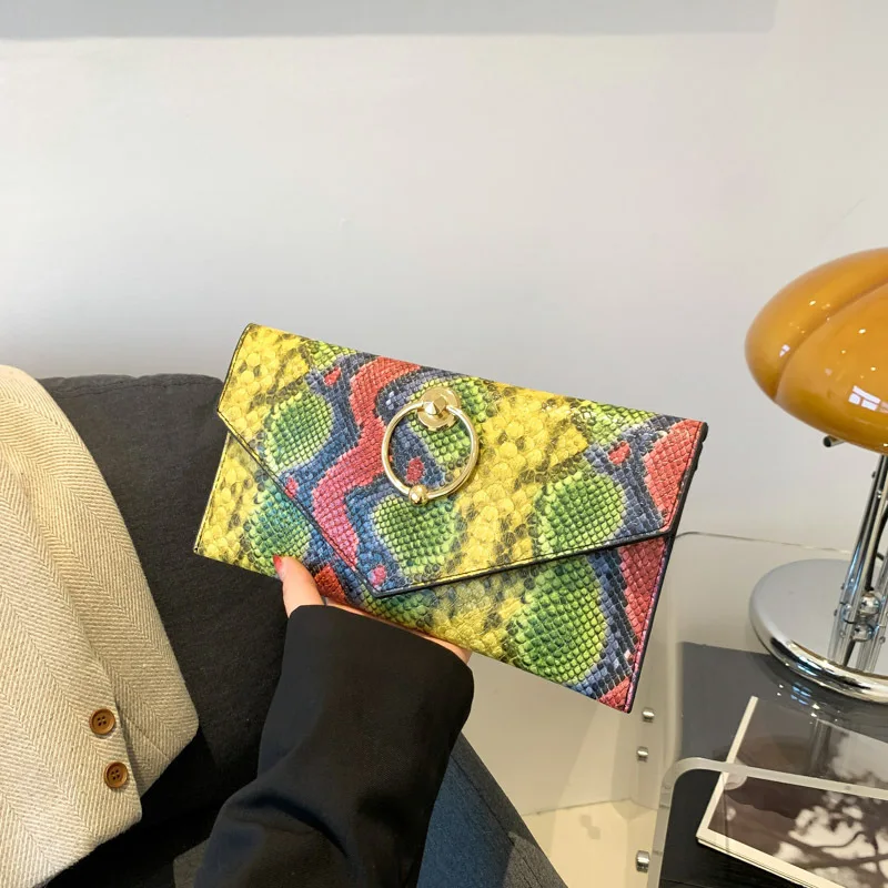 Bag For Women, Colorful Snakeskin Pattern, Casual Envelope Style With Metal Ring Closure, Fashion Accessory
Bag For Women, Colorful Snakeskin Pattern, Casual Envelope Style With Metal Ring Closure, Fashion Accessory
