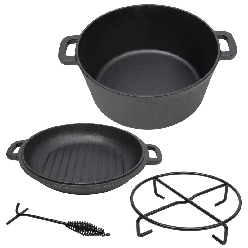 3-in-1 Pre-Seasoned Cast Iron Dutch Oven, 5 Qt Outdoor Camping Pot with Skillet Lid, Ribbed Base, Includes Pot Rack and Lid Lifter
3-in-1 Pre-Seasoned Cast Iron Dutch Oven, 5 Qt Outdoor Camping Pot with Skillet Lid, Ribbed Base, Includes Pot Rack and Lid Lifter