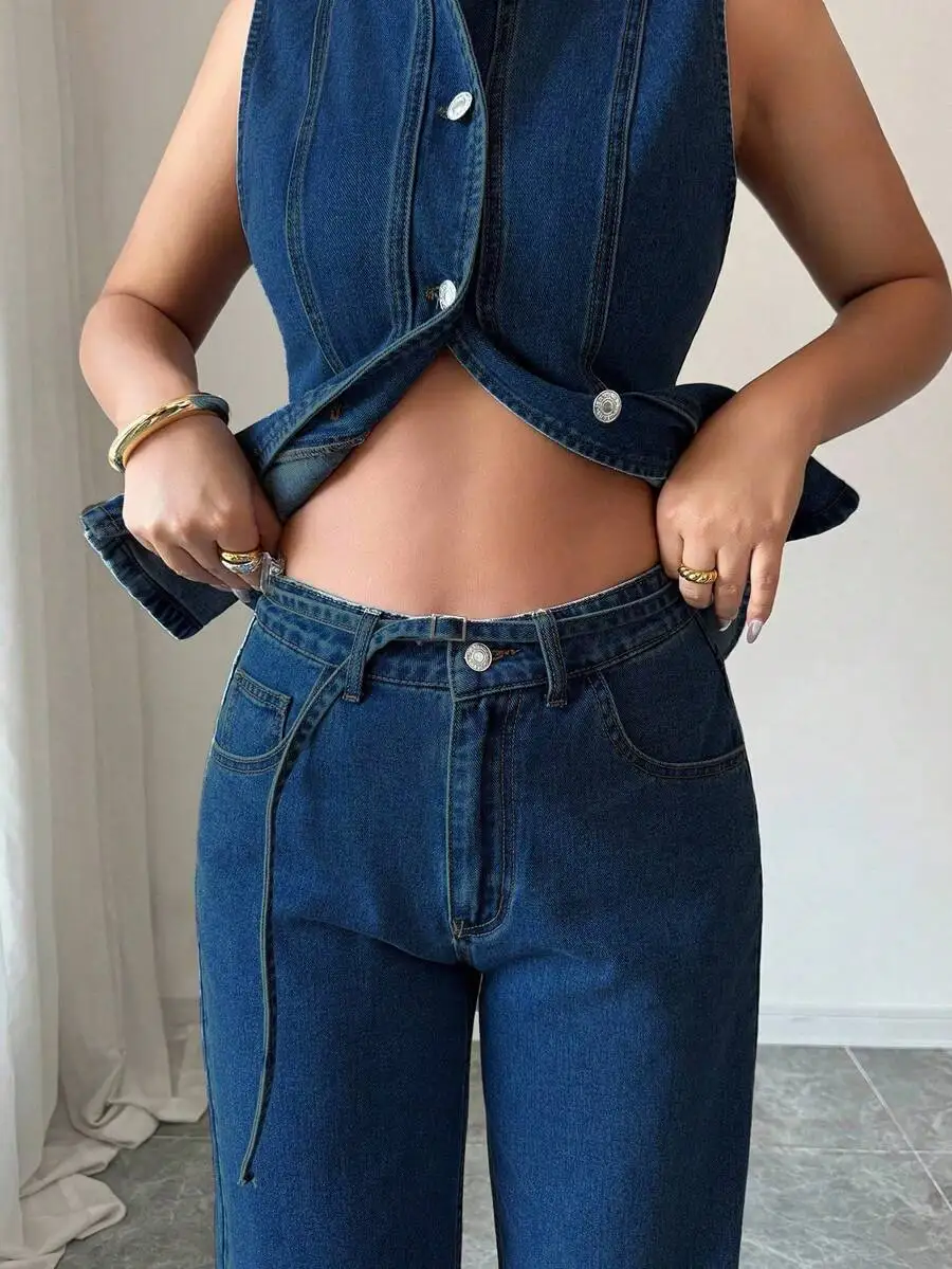 Women Denim Sleeveless Button-Up Waist Vest And High Waisted Pants Set
Women Denim Sleeveless Button-Up Waist Vest And High Waisted Pants Set