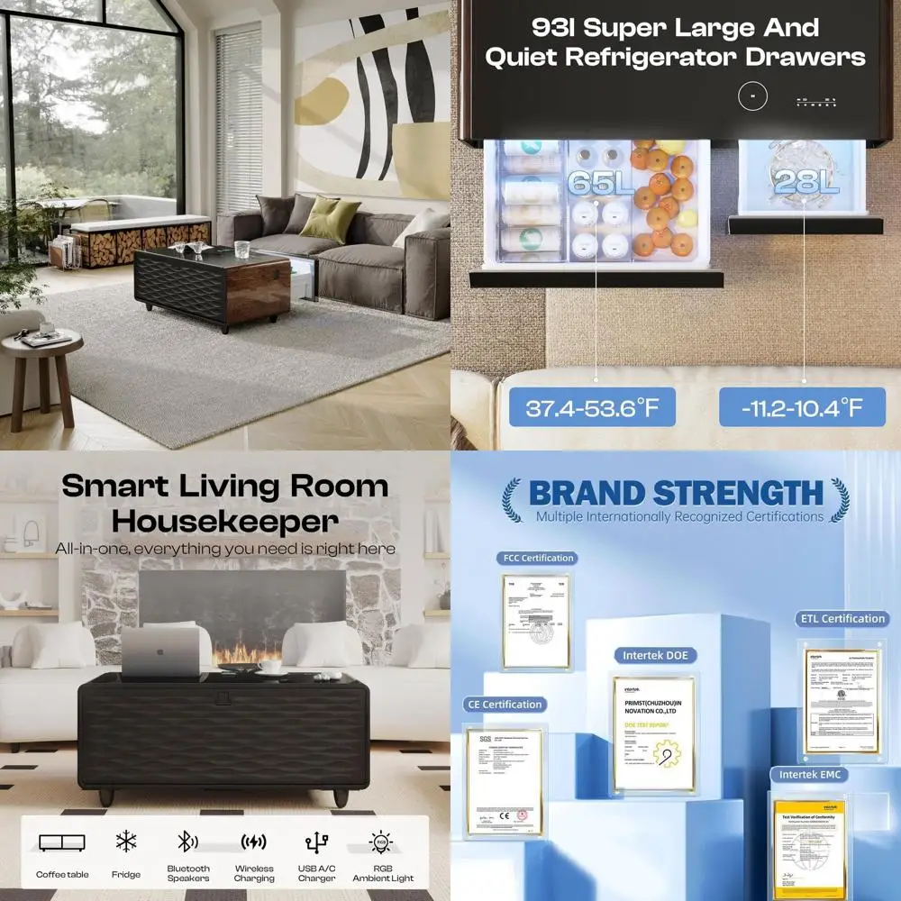 Modern Coffee Table with Ridge, 93L Fridge, Bluetooth Audio, Wireless Charging, Brown Glass Top for Living Room
Modern Coffee Table with Ridge, 93L Fridge, Bluetooth Audio, Wireless Charging, Brown Glass Top for Living Room