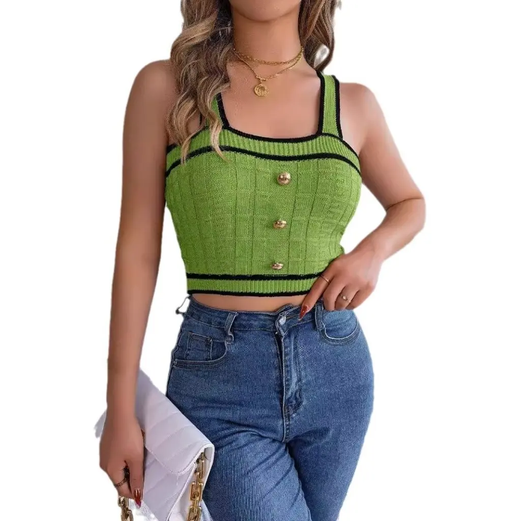 Summer Contrast Button Sleeveless Navel Sweater Women's Holiday Top Real Shot Fashion
Summer Contrast Button Sleeveless Navel Sweater Women's Holiday Top Real Shot Fashion