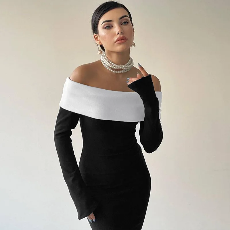 Autumn And Winter New Fashionable Temperament Contrasting Color One Collar Off The Shoulder Long Sleeved Dress With Cinched Wais
Autumn And Winter New Fashionable Temperament Contrasting Color One Collar Off The Shoulder Long Sleeved Dress With Cinched Wais