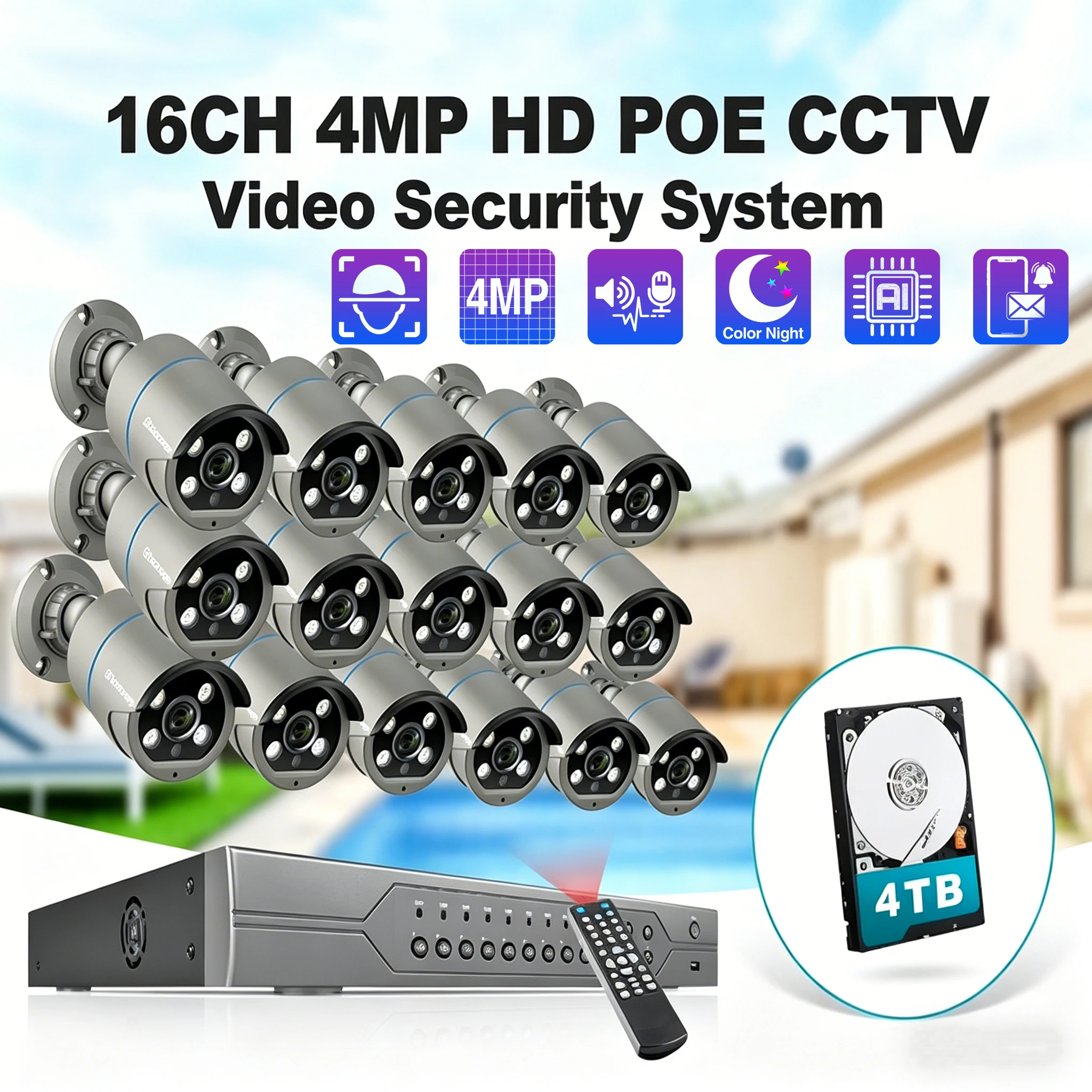 Система видеонаблюдения Techage 16CH 4MP PoE с цветным ночным видением, NVR-комплект, двусторонняя аудио-видеосвязь, H.265, Xmeye ICSEE
Система видеонаблюдения Techage 16CH 4MP PoE с цветным ночным видением, NVR-комплект, двусторонняя аудио-видеосвязь, H.265, Xmeye ICSEE