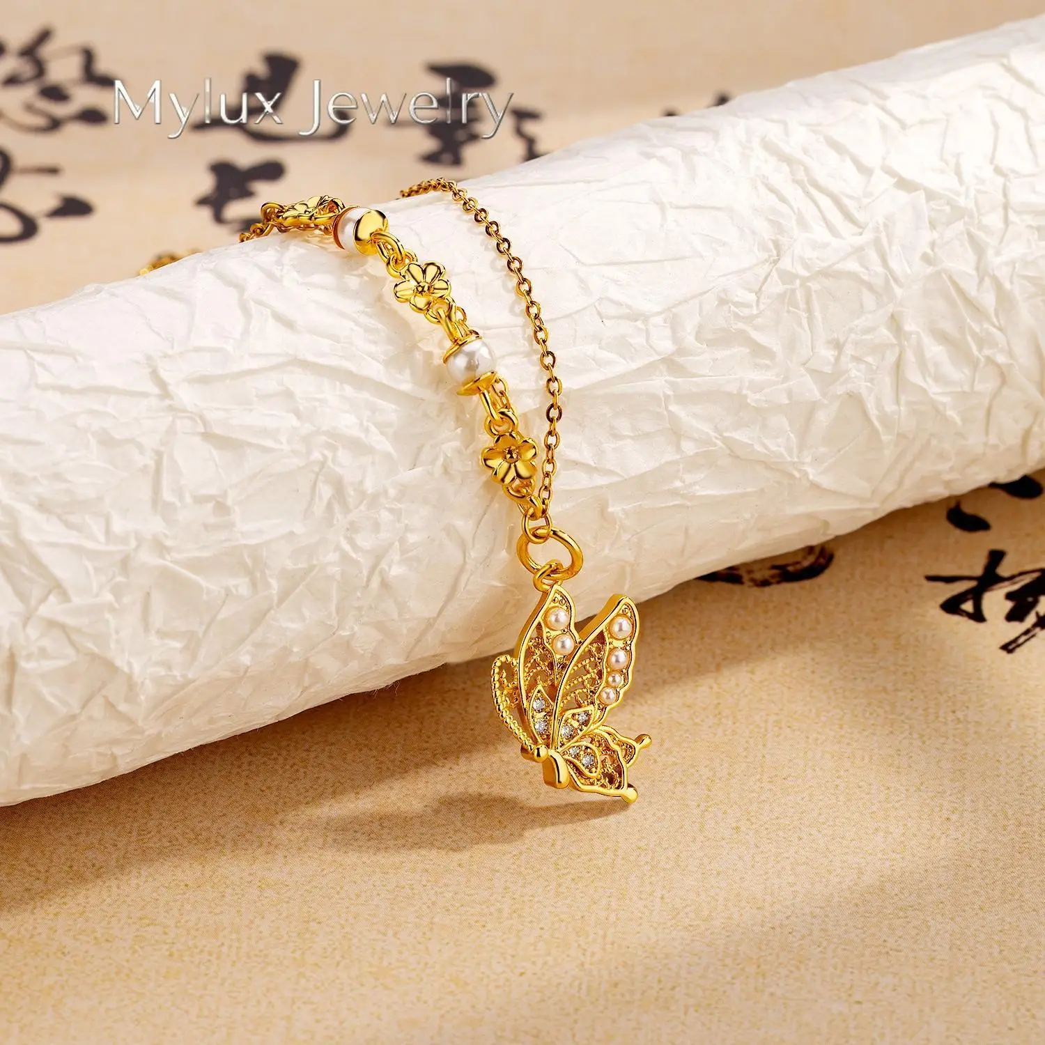 Mylux Jewelry Simple fashion 24K real gold Butterfly Pearl pendant necklace Feminine 999 pure gold light luxury luxury flower cl
Mylux Jewelry Simple fashion 24K real gold Butterfly Pearl pendant necklace Feminine 999 pure gold light luxury luxury flower cl