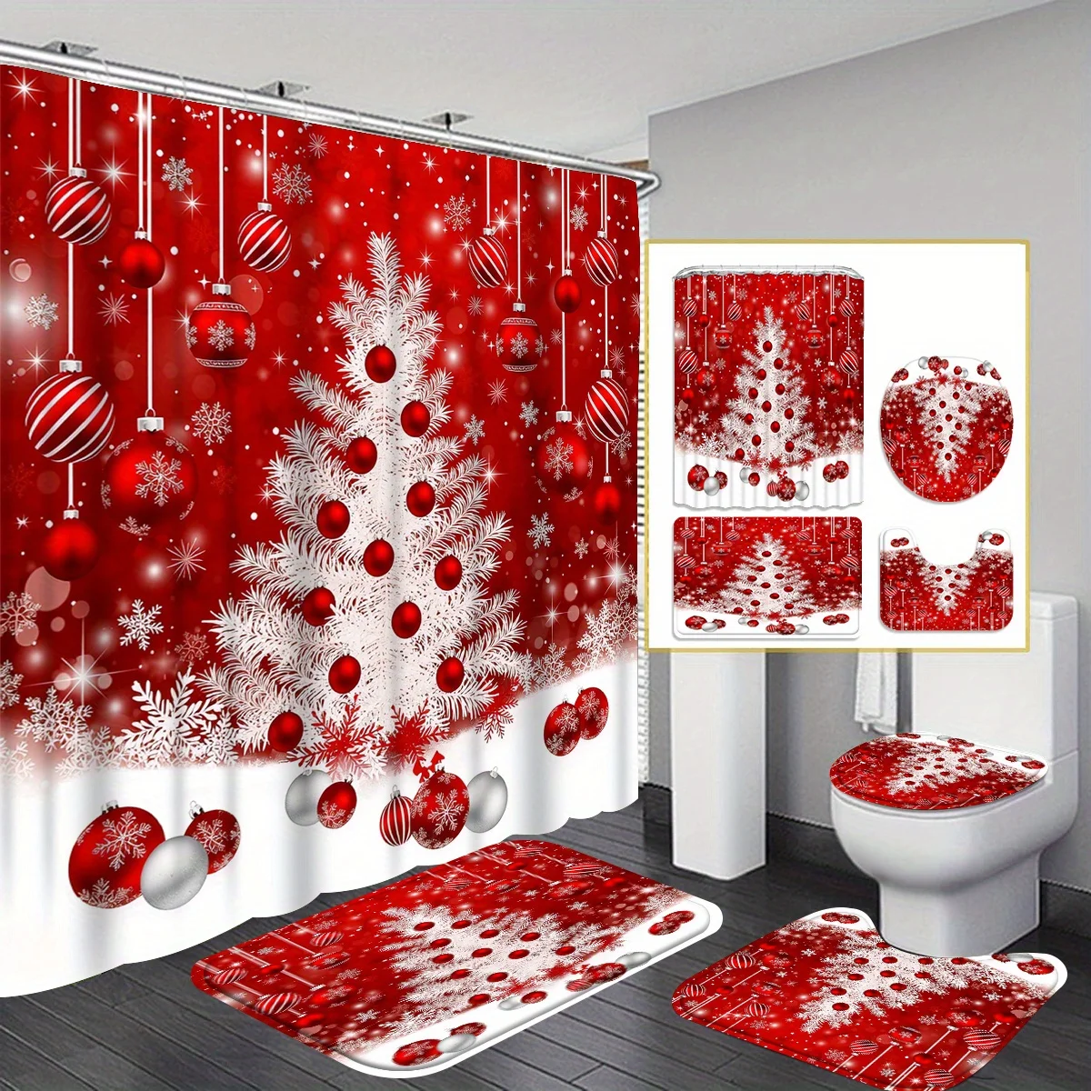 Красно-белый комплект занавесок для душа в виде рождественской елки с нескользящими ковриками и крышкой для унитаза, функциональный декор для ванной комнаты для влажной и сухой уборки для дома
Красно-белый комплект занавесок для душа в виде рождественской елки с нескользящими ковриками и крышкой для унитаза, функциональный декор для ванной комнаты для влажной и сухой уборки для дома