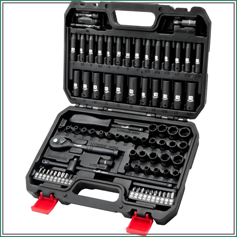 83Pcs 1/4" Drive Impact Socket Set, Metric & SAE, Deep & Shallow, 6-Point, CR-V, with 72T Ratchet, for Automotive & Home
83Pcs 1/4" Drive Impact Socket Set, Metric & SAE, Deep & Shallow, 6-Point, CR-V, with 72T Ratchet, for Automotive & Home