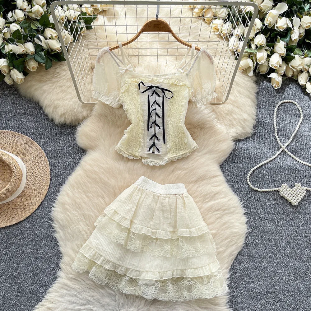 French Summer Sweet Pink Patchwork Lace Short Sleeve Tops And Beige High Waist Ruffle Edge Cake Mini Skirt Women Two Piece Sets
French Summer Sweet Pink Patchwork Lace Short Sleeve Tops And Beige High Waist Ruffle Edge Cake Mini Skirt Women Two Piece Sets