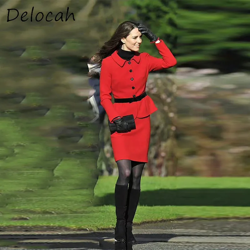 Deloach Fashion Women's Design Collar Single Breasted Velvet Sashes Splicing Red Long Sleeved Coat Hip hugging Half Skirt Set
Deloach Fashion Women's Design Collar Single Breasted Velvet Sashes Splicing Red Long Sleeved Coat Hip hugging Half Skirt Set