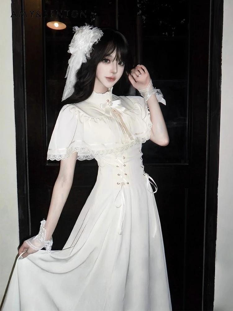 2025 Summer and Autumn Y2K Subculture Gothic Style French Retro Waist-Cinching Lace Cape Short Sleeve Long White Black Dress 
2025 Summer and Autumn Y2K Subculture Gothic Style French Retro Waist-Cinching Lace Cape Short Sleeve Long White Black Dress