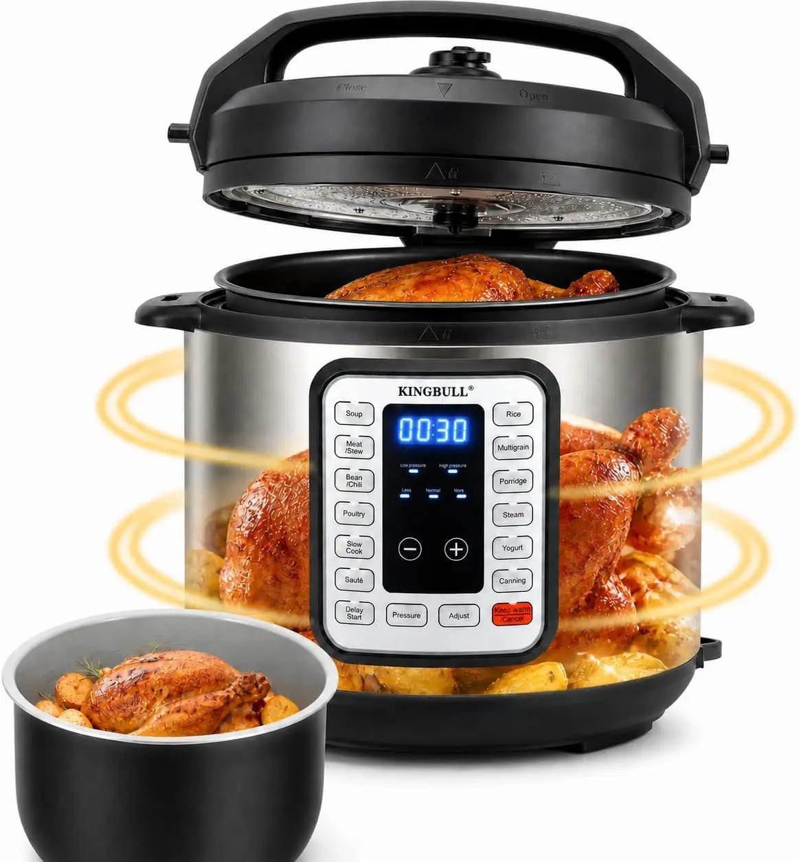 6QT Electric Pressure Cooker, 12-in-1 Multi Cooker, One-Touch Programs for Rice Soup Meat Steam Yogurt Slow Cook Keep Warm Delay Start
6QT Electric Pressure Cooker, 12-in-1 Multi Cooker, One-Touch Programs for Rice Soup Meat Steam Yogurt Slow Cook Keep Warm Delay Start