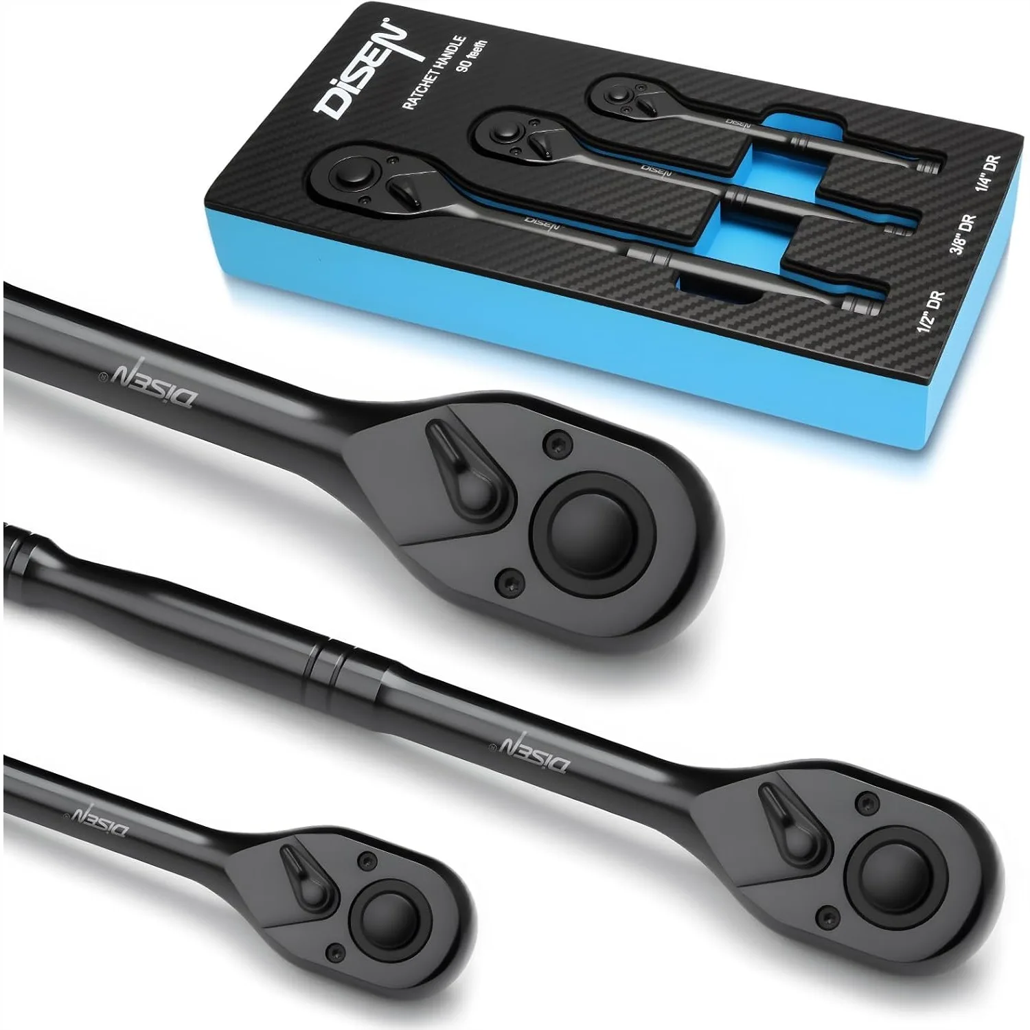 3PCS Ratchet Wrench Set 1/2" 3/8" 1/4" Drive - 90-Tooth with Quick Release & EVA Tray for Automotive Repairs
3PCS Ratchet Wrench Set 1/2" 3/8" 1/4" Drive - 90-Tooth with Quick Release & EVA Tray for Automotive Repairs
