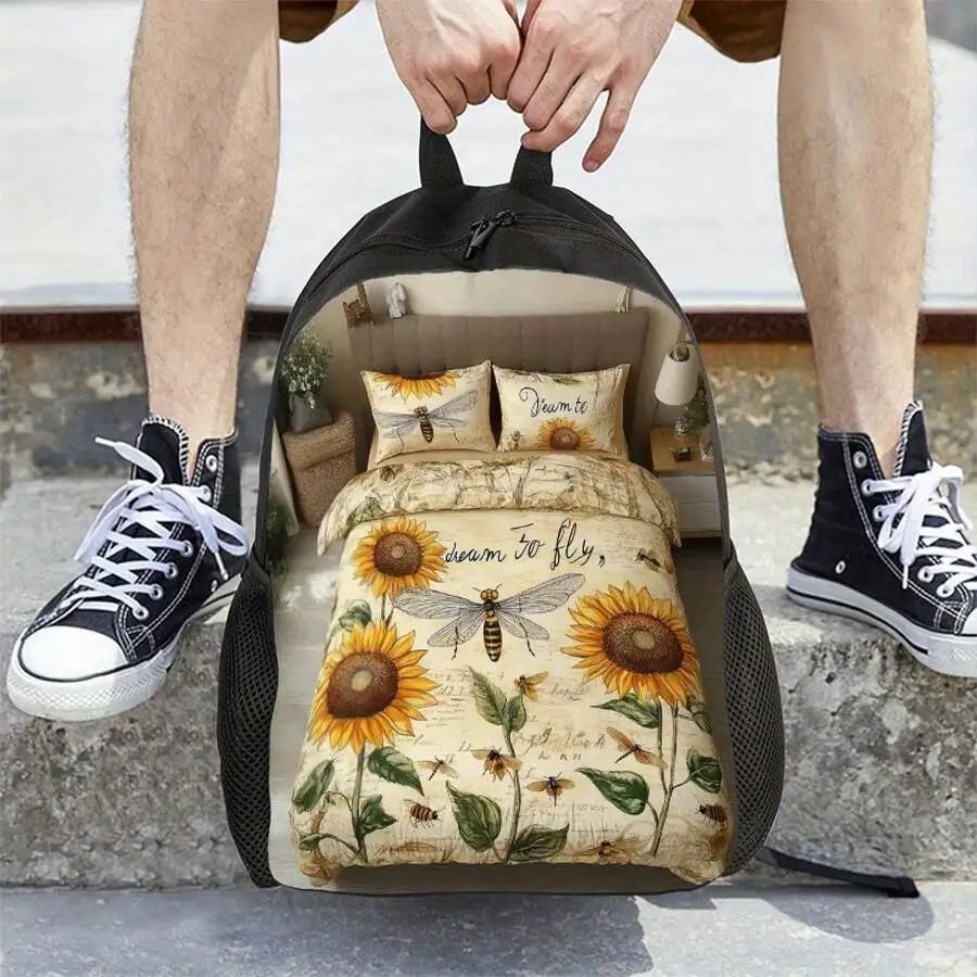 Sunflower And Bee Print Backpack Floral Nature Design Polyester Bag With Zipper Closure Adjustable Straps
Sunflower And Bee Print Backpack Floral Nature Design Polyester Bag With Zipper Closure Adjustable Straps