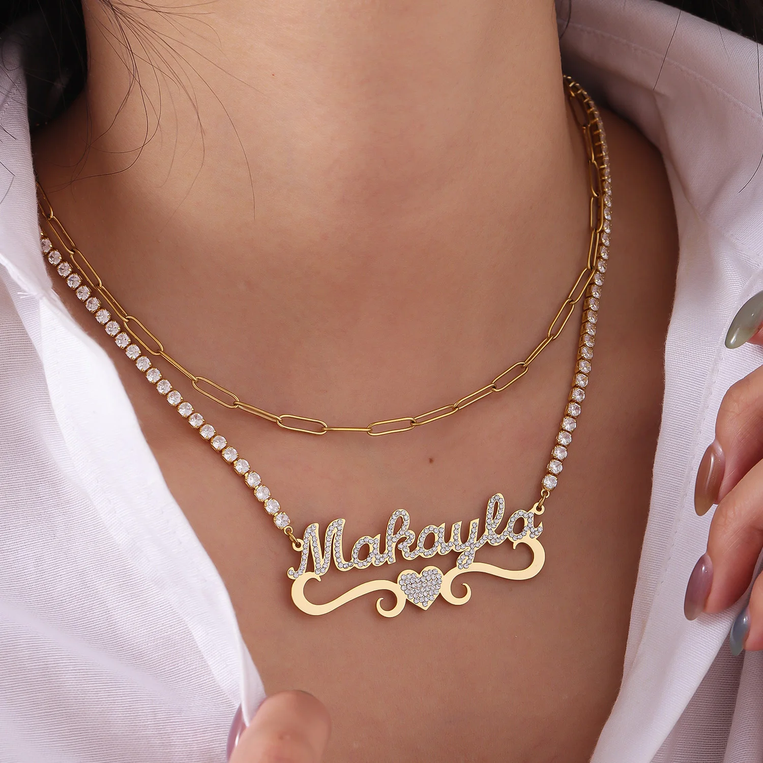 Ожерелье с индивидуальным именем, двухслойная штабелируемая цепочка с бриллиантовой огранкой и подвеской в форме сердца с кристаллами для девочек, подарок на годовщину 
Ожерелье с индивидуальным именем, двухслойная штабелируемая цепочка с бриллиантовой огранкой и подвеской в форме сердца с кристаллами для девочек, подарок на годовщину