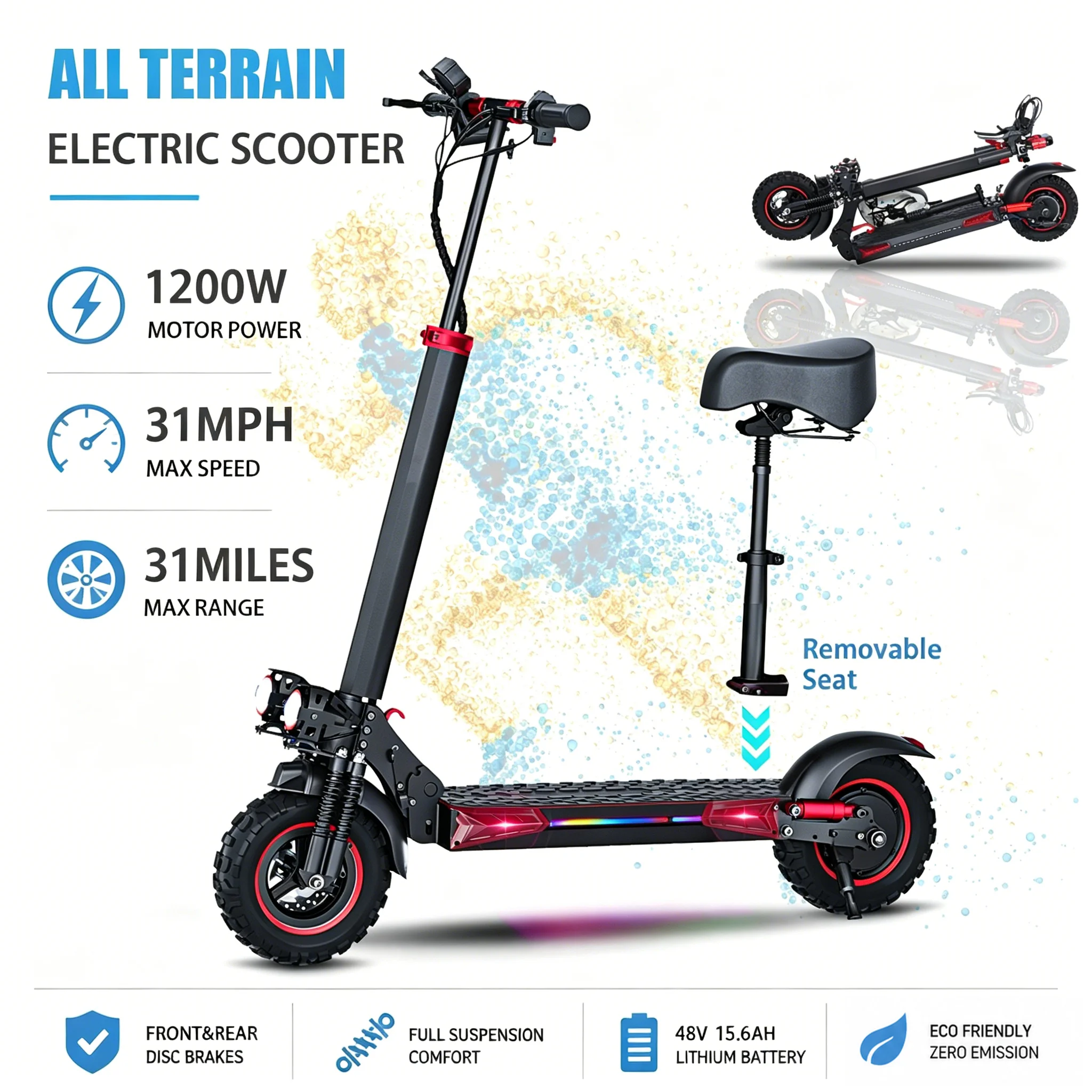 1200W Electric Scooter for Adults, 48V 15.6Ah Battery, 31mph, 11'' Off Road Tires, Dual Brake & Suspension, Foldable E Scooter
1200W Electric Scooter for Adults, 48V 15.6Ah Battery, 31mph, 11'' Off Road Tires, Dual Brake & Suspension, Foldable E Scooter