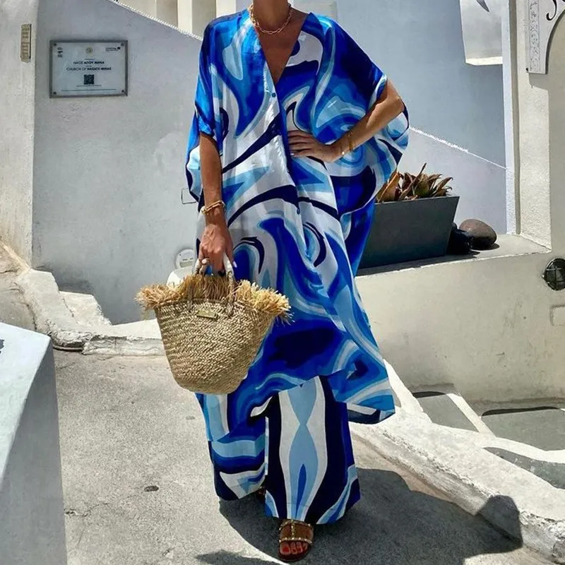 Autumn Women Fashion Bat Sleeve Long Blouse Wide Leg Pants Two Piece Set Blue Tie Dye Printing Casual V-neck Single Breasted Set
Autumn Women Fashion Bat Sleeve Long Blouse Wide Leg Pants Two Piece Set Blue Tie Dye Printing Casual V-neck Single Breasted Set