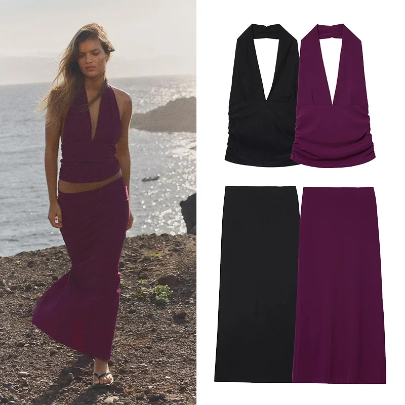 TRAF Elastic Midi Skirt Set Women 2 Piece Halter Backless V Neck Women's Top High Waist Midi Skirts Two Piece Set Women Outfit
TRAF Elastic Midi Skirt Set Women 2 Piece Halter Backless V Neck Women's Top High Waist Midi Skirts Two Piece Set Women Outfit