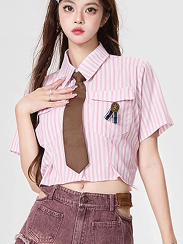 Vintage Cropped Striped Women Tie Shirt Sexy Slim Preppy Style Blouse Casual Pockets Short Sleeve Korean Cute Short Tops New
Vintage Cropped Striped Women Tie Shirt Sexy Slim Preppy Style Blouse Casual Pockets Short Sleeve Korean Cute Short Tops New