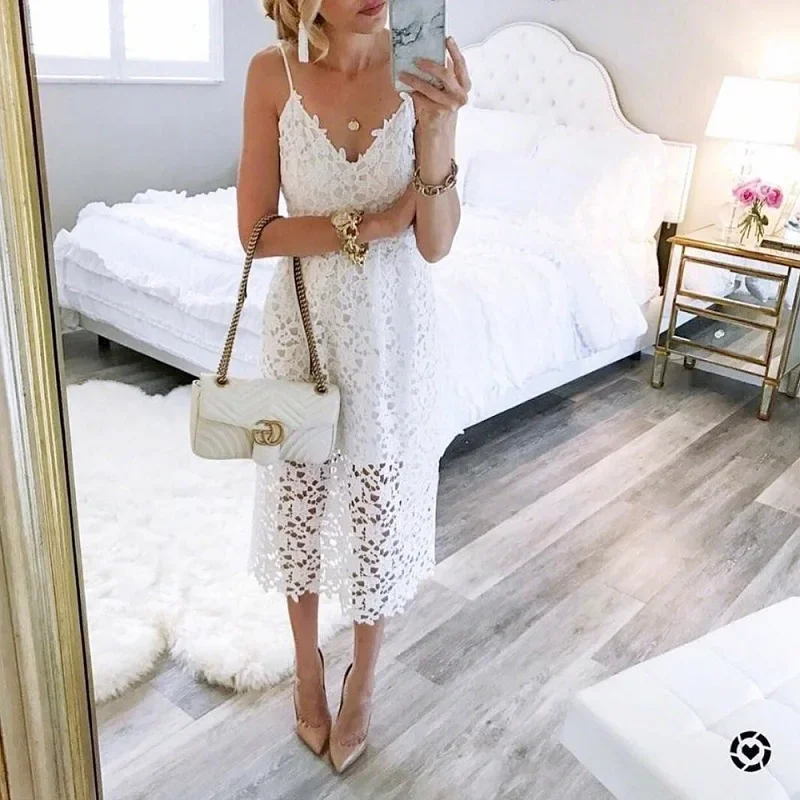 Fashion 2024 New Summer Women Flower Lace Dress Mid-Calf Sleeveless Spaghetti Strap Casual Beach Party Dresses White Sundress
Fashion 2024 New Summer Women Flower Lace Dress Mid-Calf Sleeveless Spaghetti Strap Casual Beach Party Dresses White Sundress