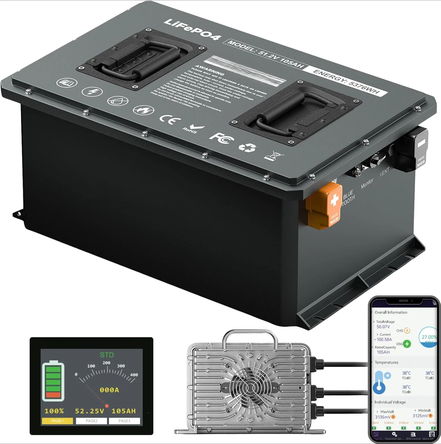 48V 105Ah lithium-ion golf cart battery, 5376WH built-in 200A BMS, with display and 58.4V21A rechargeable 10240W LiFePO4 battery
48V 105Ah lithium-ion golf cart battery, 5376WH built-in 200A BMS, with display and 58.4V21A rechargeable 10240W LiFePO4 battery