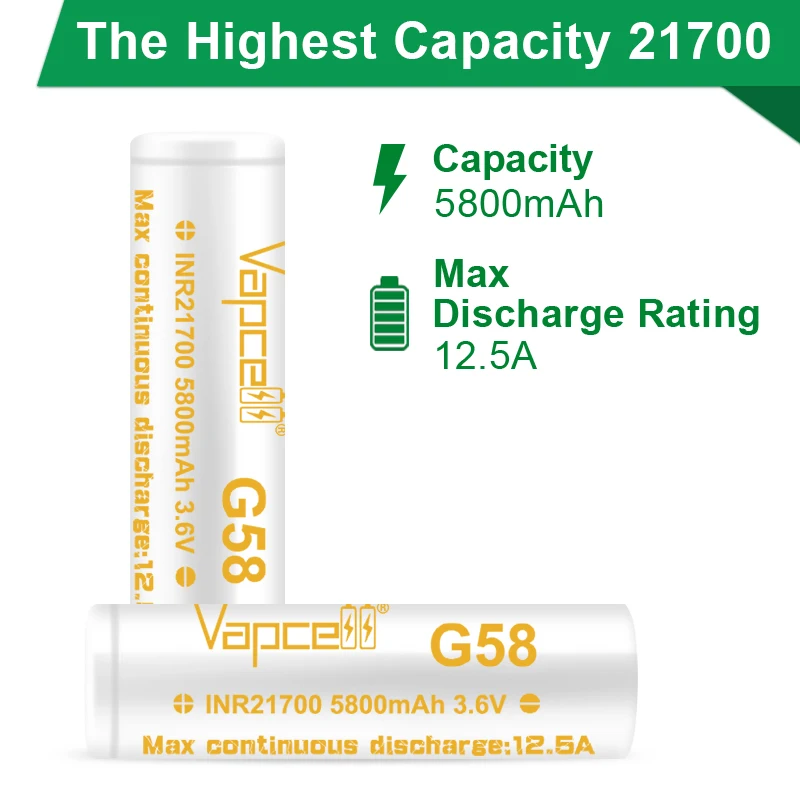 Vapcell G58 21700 5800 мАч 12,5 А емкость 21700 ячейка для фонарика
Vapcell G58 21700 5800 мАч 12,5 А емкость 21700 ячейка для фонарика