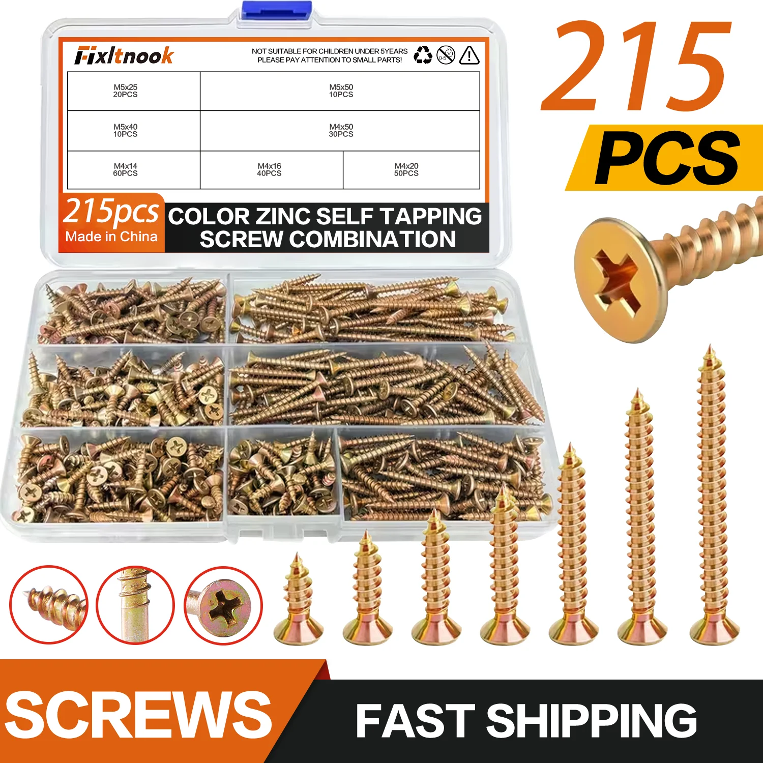 215-piece galvanized wood screw set, M4/M5 self-tapping Phillips and flat-head screws, suitable for furniture assembly, construction, and repair projects
215-piece galvanized wood screw set, M4/M5 self-tapping Phillips and flat-head screws, suitable for furniture assembly, construction, and repair projects
