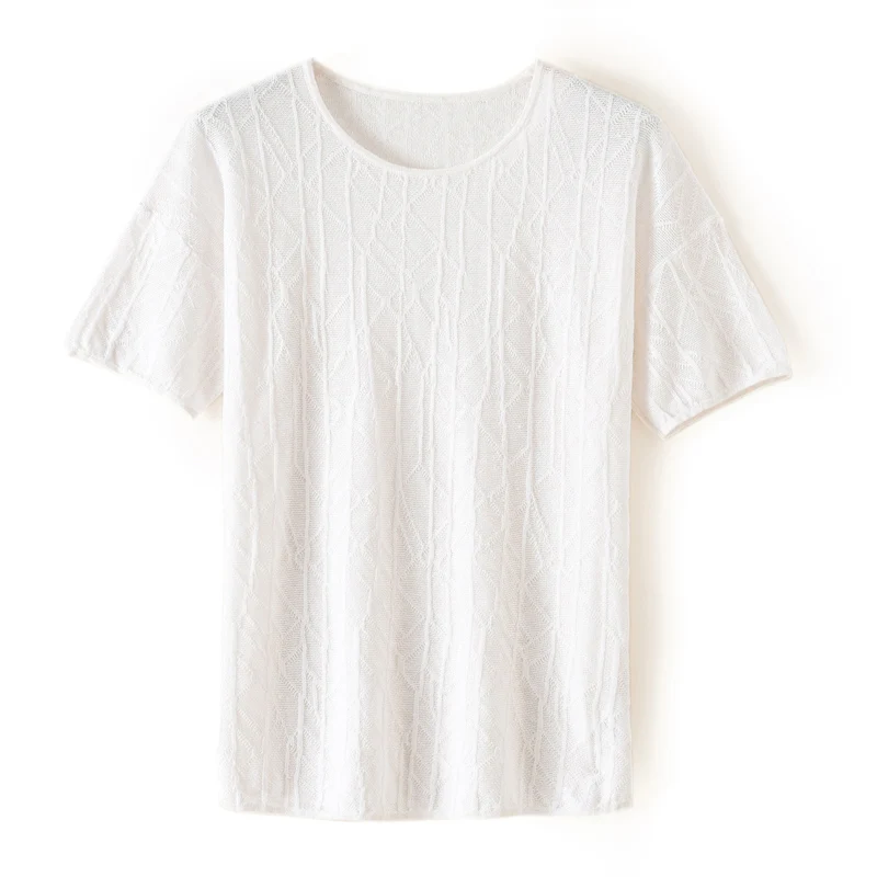 2024 Summer New Ladies T-shirt Worsted Wool Jacquard Knitted Short Sleeve Comfortable Breathable Pullover
2024 Summer New Ladies T-shirt Worsted Wool Jacquard Knitted Short Sleeve Comfortable Breathable Pullover
