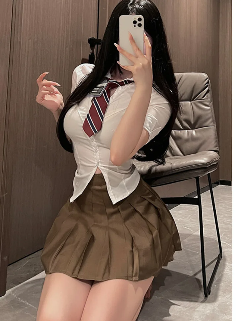 sexy lingerie hollow hanging neck JK student pleated short skirt uniform shorts set women white crop top perspective OFW1
sexy lingerie hollow hanging neck JK student pleated short skirt uniform shorts set women white crop top perspective OFW1