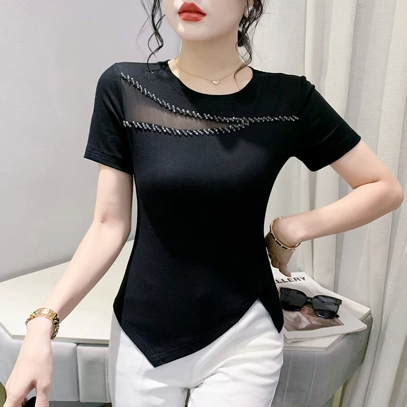 2025,New Summer Korean Clothes Cotton T-Shirt Women Chic Sexy O-Neck Spliced Mesh Beading Irregular Tops Short Sleeve Tees 34313
2025,New Summer Korean Clothes Cotton T-Shirt Women Chic Sexy O-Neck Spliced Mesh Beading Irregular Tops Short Sleeve Tees 34313
