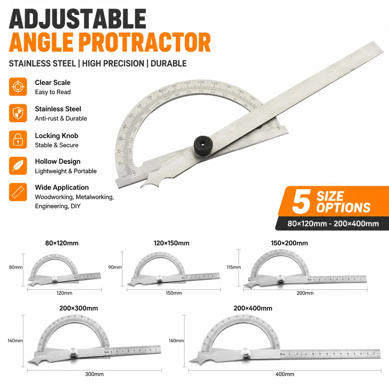 Adjustable Angle Measuring Tool Stainless Steel Protractor Ruler 200×400mm Goniometer Woodworking Angle Finder Precision Gauge
Adjustable Angle Measuring Tool Stainless Steel Protractor Ruler 200×400mm Goniometer Woodworking Angle Finder Precision Gauge