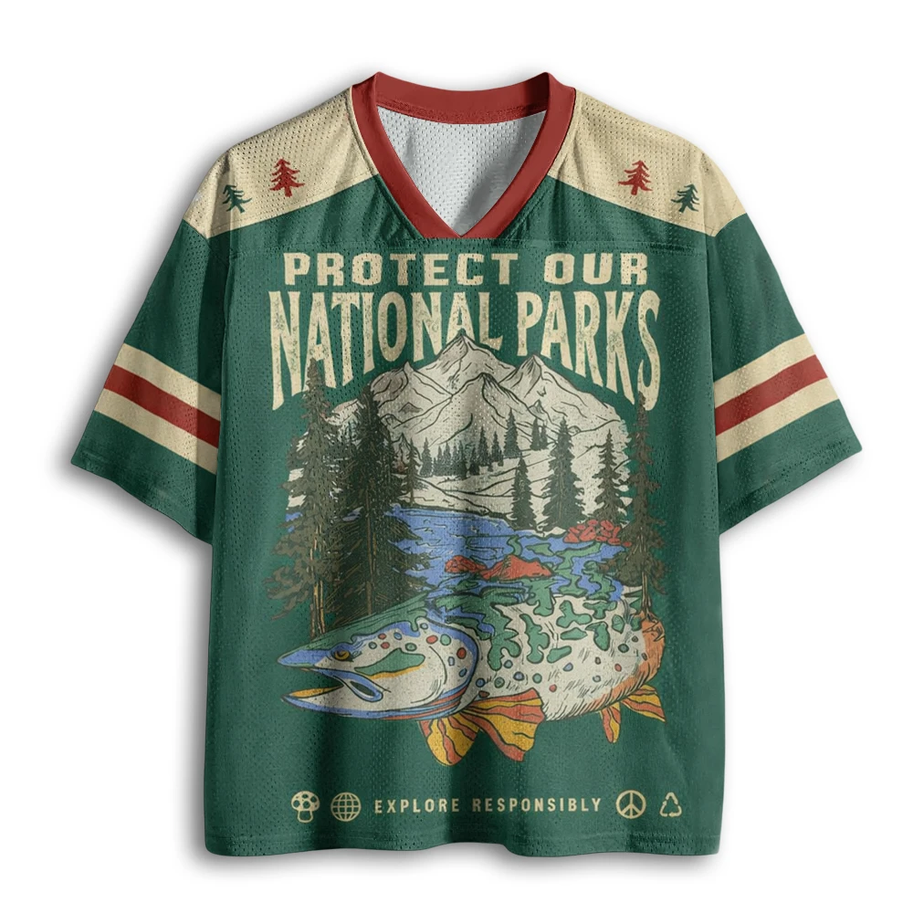 Vintage Forest Mountain Trout National Park Retro Print Green Red Color Block Mesh V Neck Loose Football Jersey T-shirt
Vintage Forest Mountain Trout National Park Retro Print Green Red Color Block Mesh V Neck Loose Football Jersey T-shirt