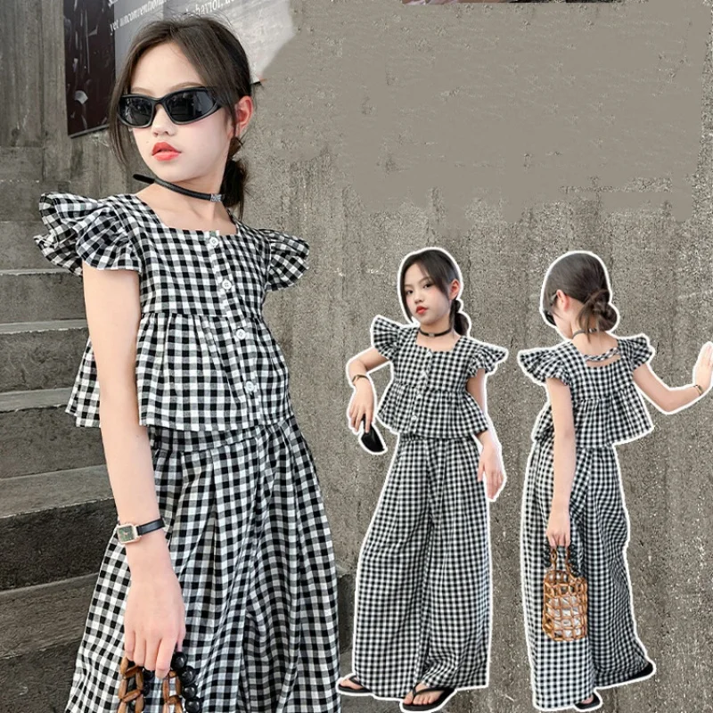 Girls' Set Plaid Top+Wide Leg Pants Two-Piece Girls Kids Outfit 2025 Summer New Children'S Clothing Sets Girls Suit
Girls' Set Plaid Top+Wide Leg Pants Two-Piece Girls Kids Outfit 2025 Summer New Children'S Clothing Sets Girls Suit